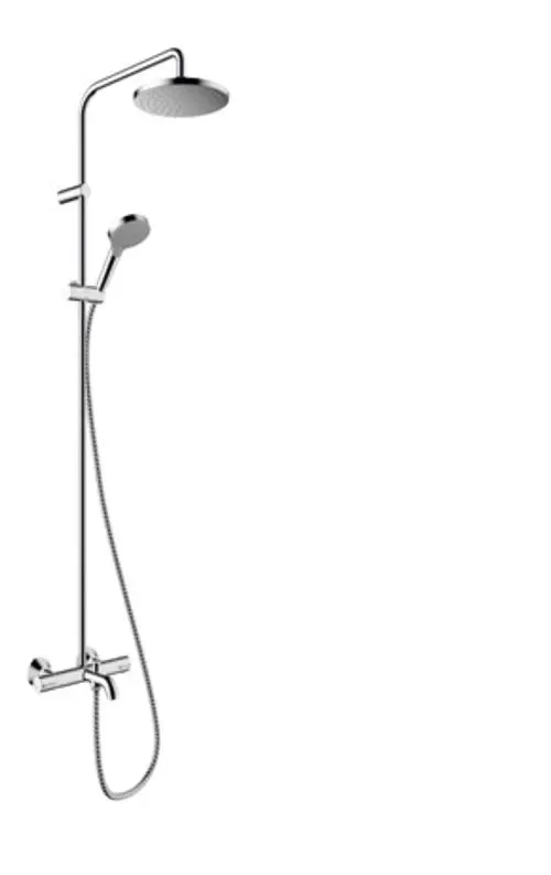 Hansgrohe Duschsystem mit oberer Regendusche und Handbrause, verbunden durch einen flexiblen Schlauch. Thermostatsteuerung zur Regulierung der Wassertemperatur.